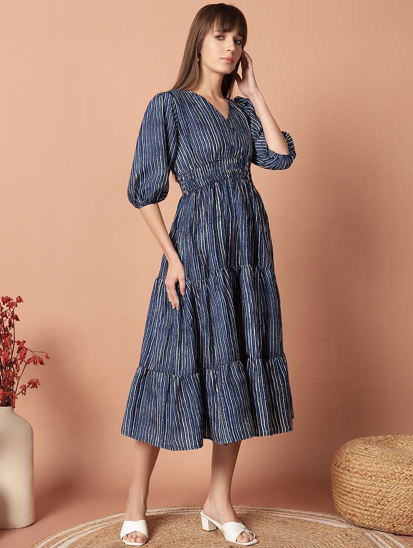 women printed puff sleeve tiered dress