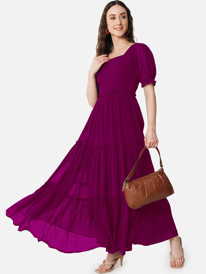 women solid puff sleeve tiered maxi dress