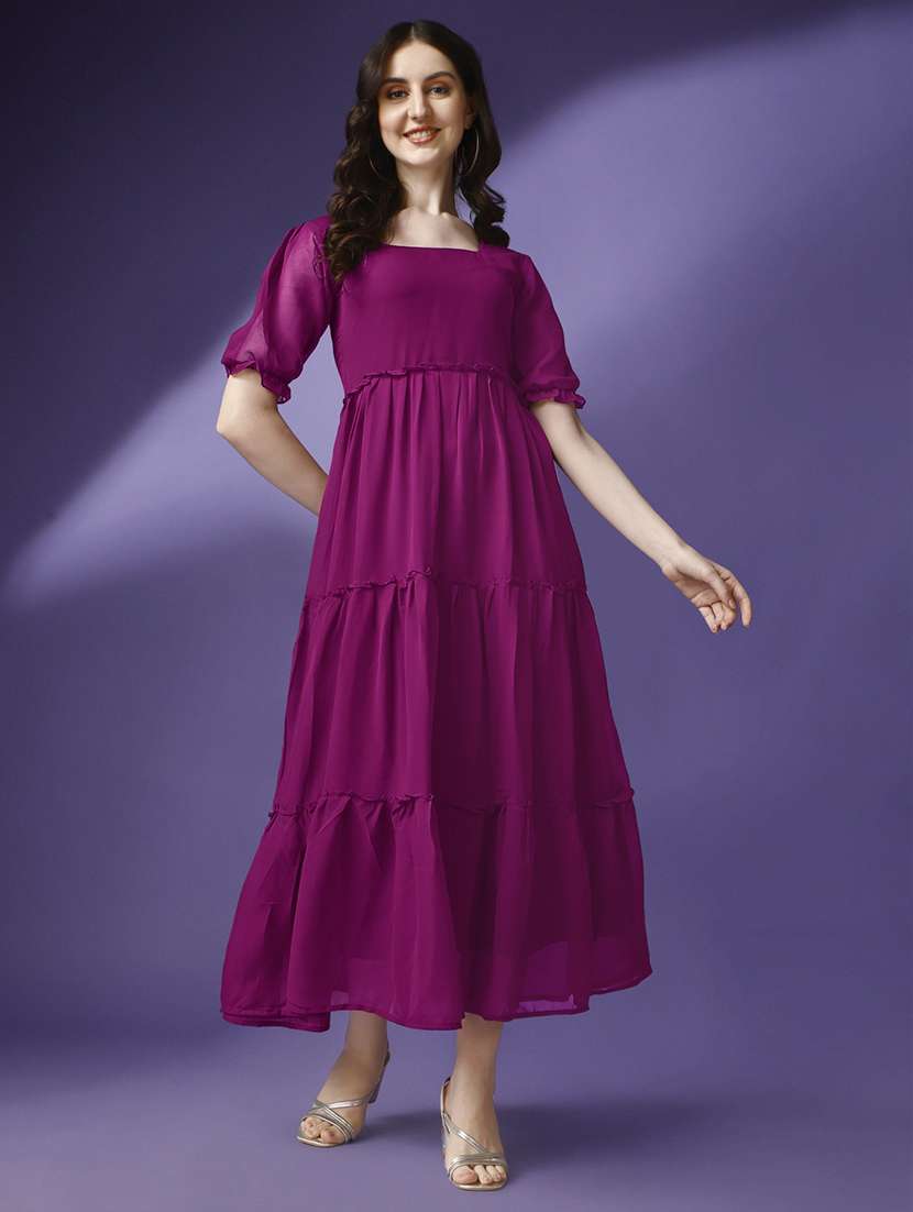 women solid puff sleeve tiered maxi dress