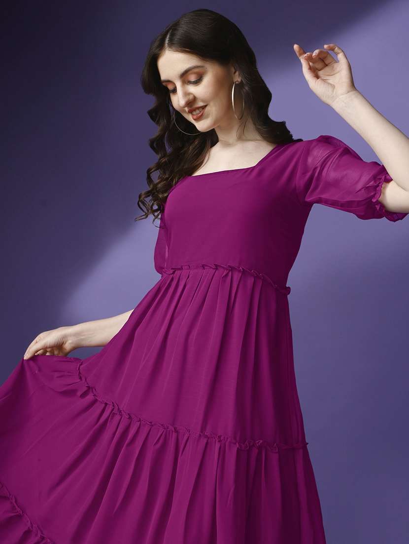 women solid puff sleeve tiered maxi dress - 21992720 -  Standard Image - 3