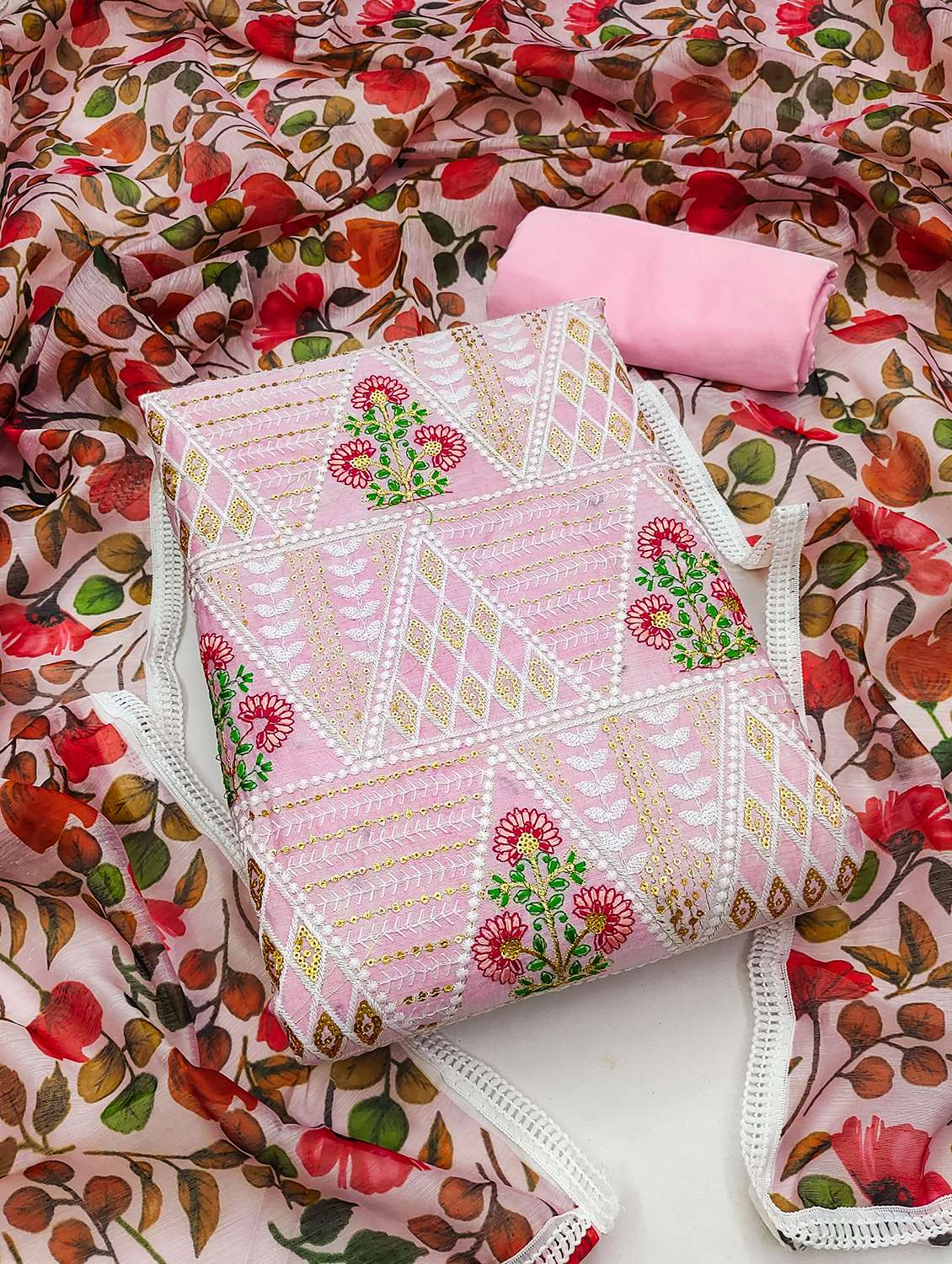 women solid with work embroidered unstitched suit set