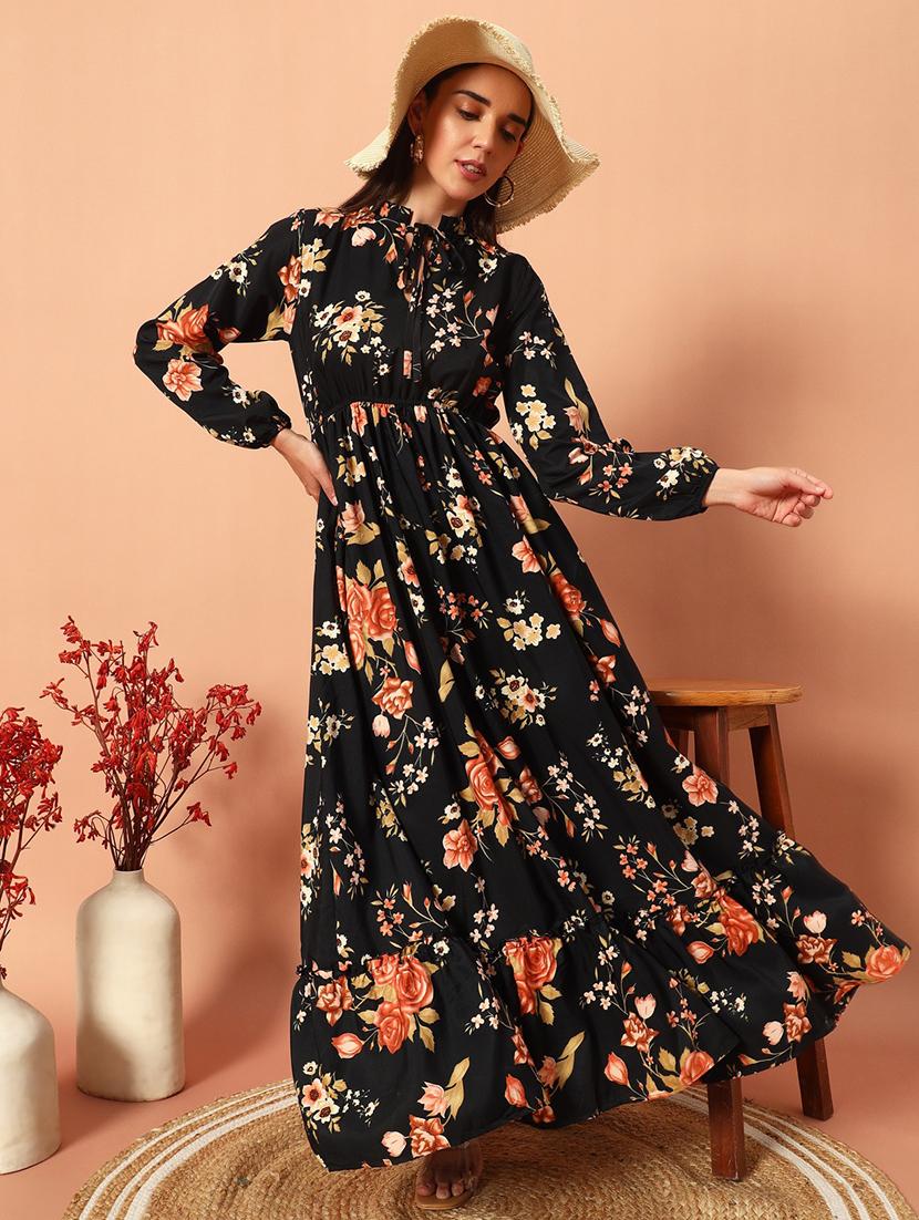 women printed puff sleeve tiered maxi dress