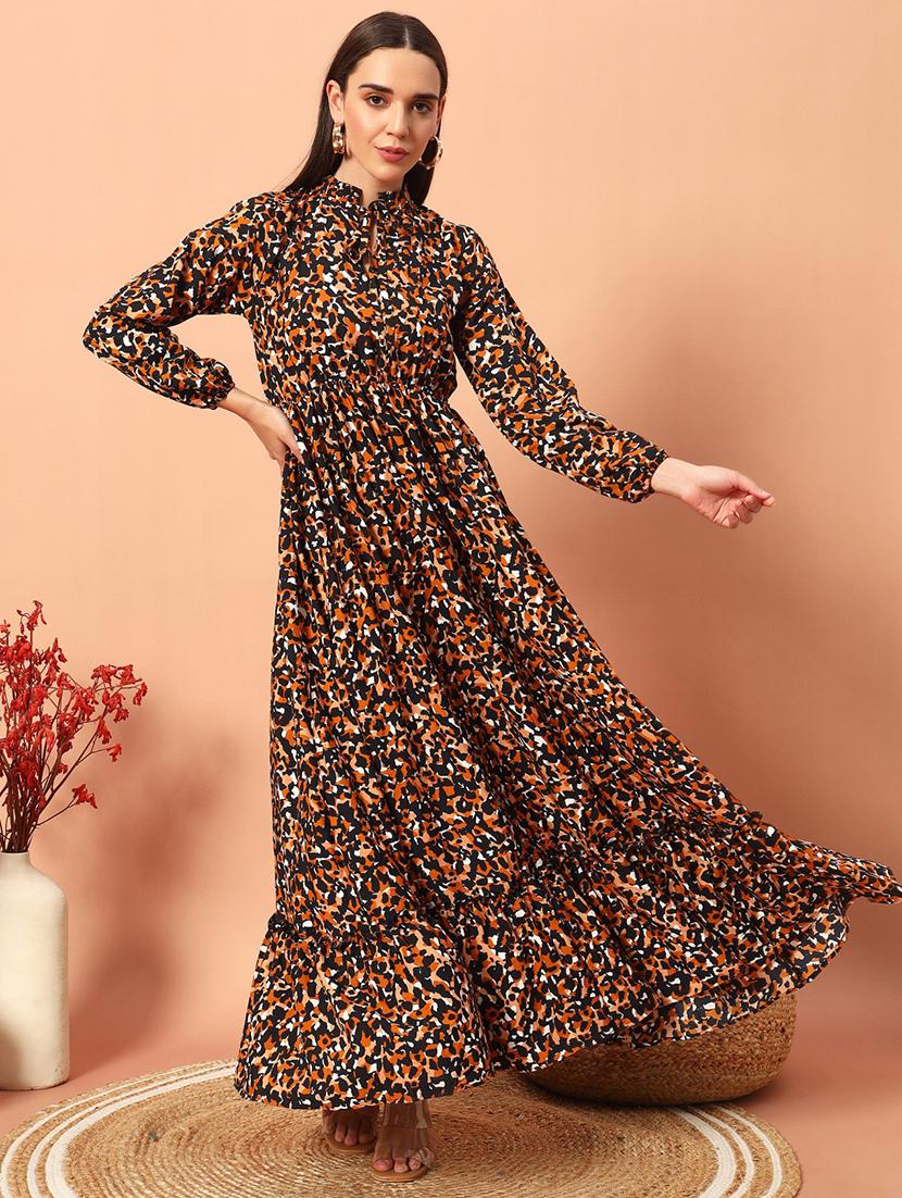 women animal print puff sleeve tiered maxi dress