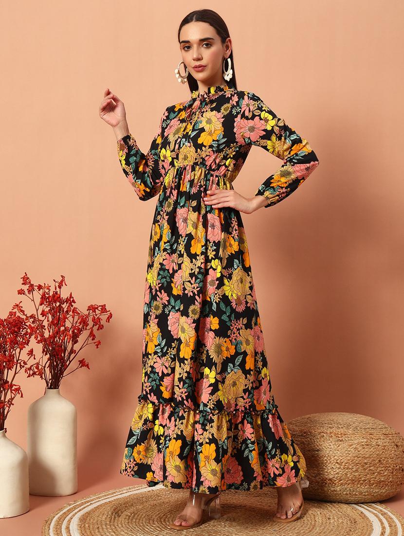 women printed puff sleeve tiered maxi dress