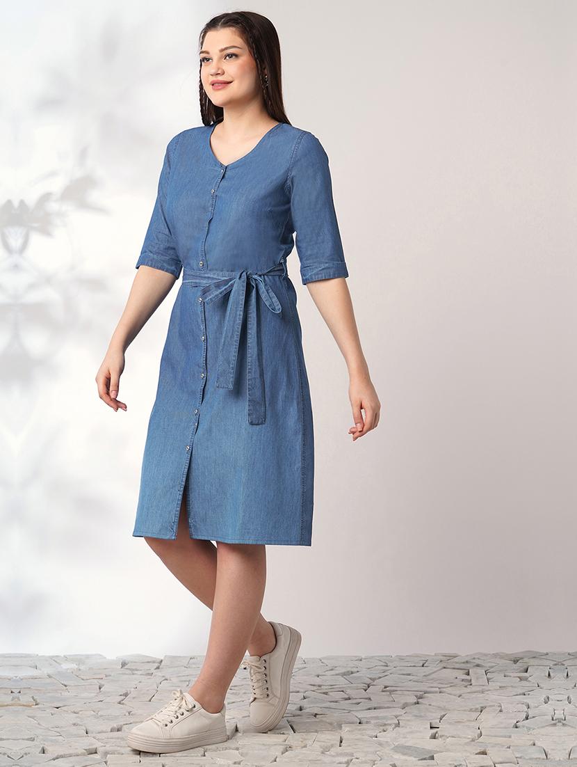 women solid short sleeve denim a-line dress - 21993339 - Zoom Image - 0