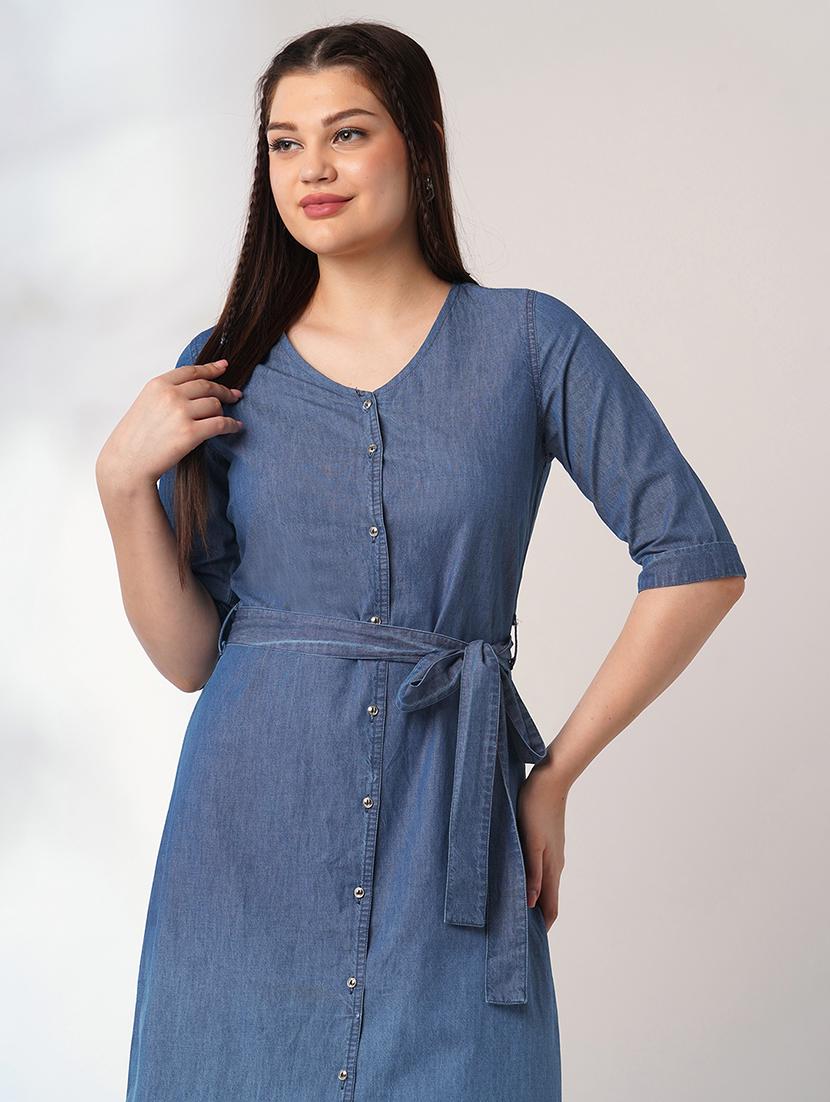 women solid short sleeve denim a-line dress - 21993339 - Standard Image - 3