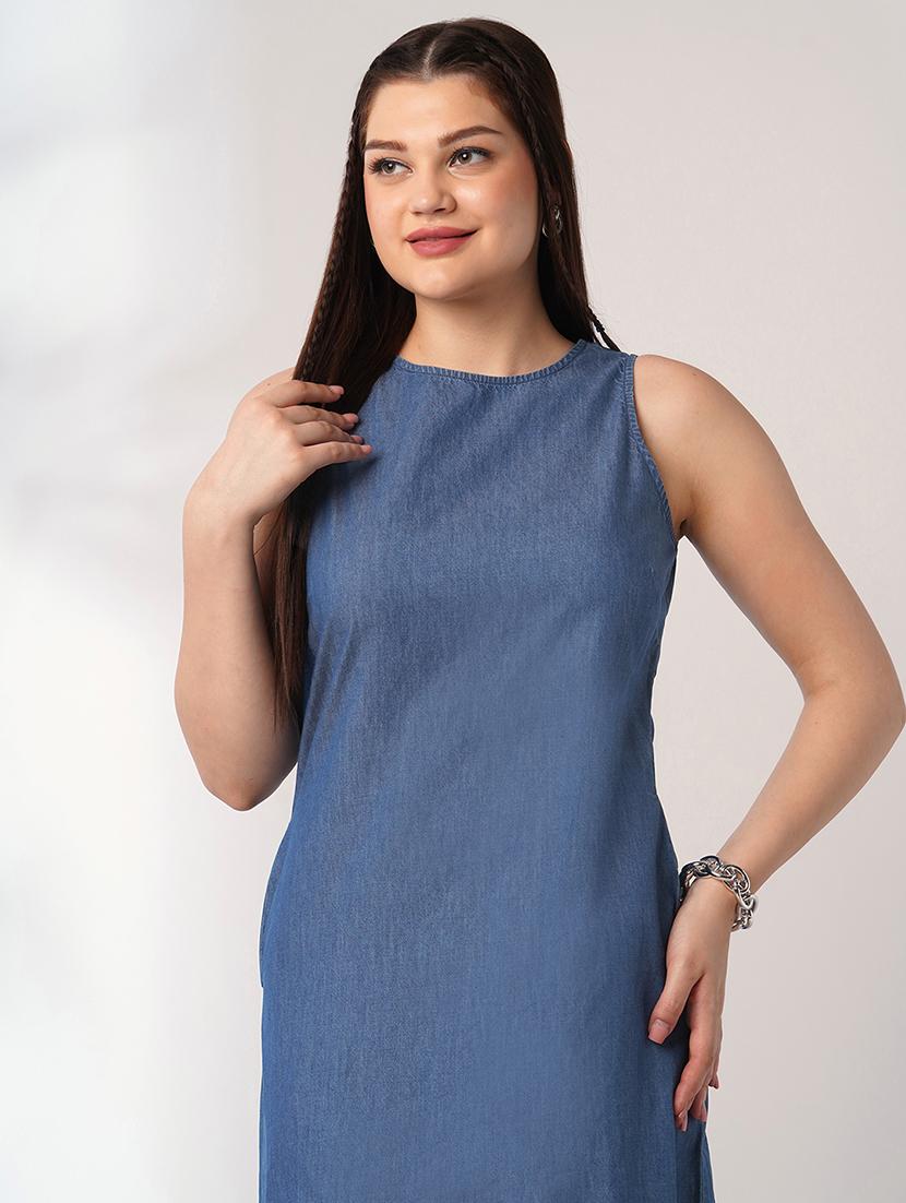 women solid sleeveless denim a-line dress - 21993340 - Standard Image - 3