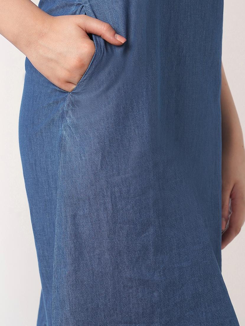 women solid sleeveless denim a-line dress - 21993340 - Standard Image - 5