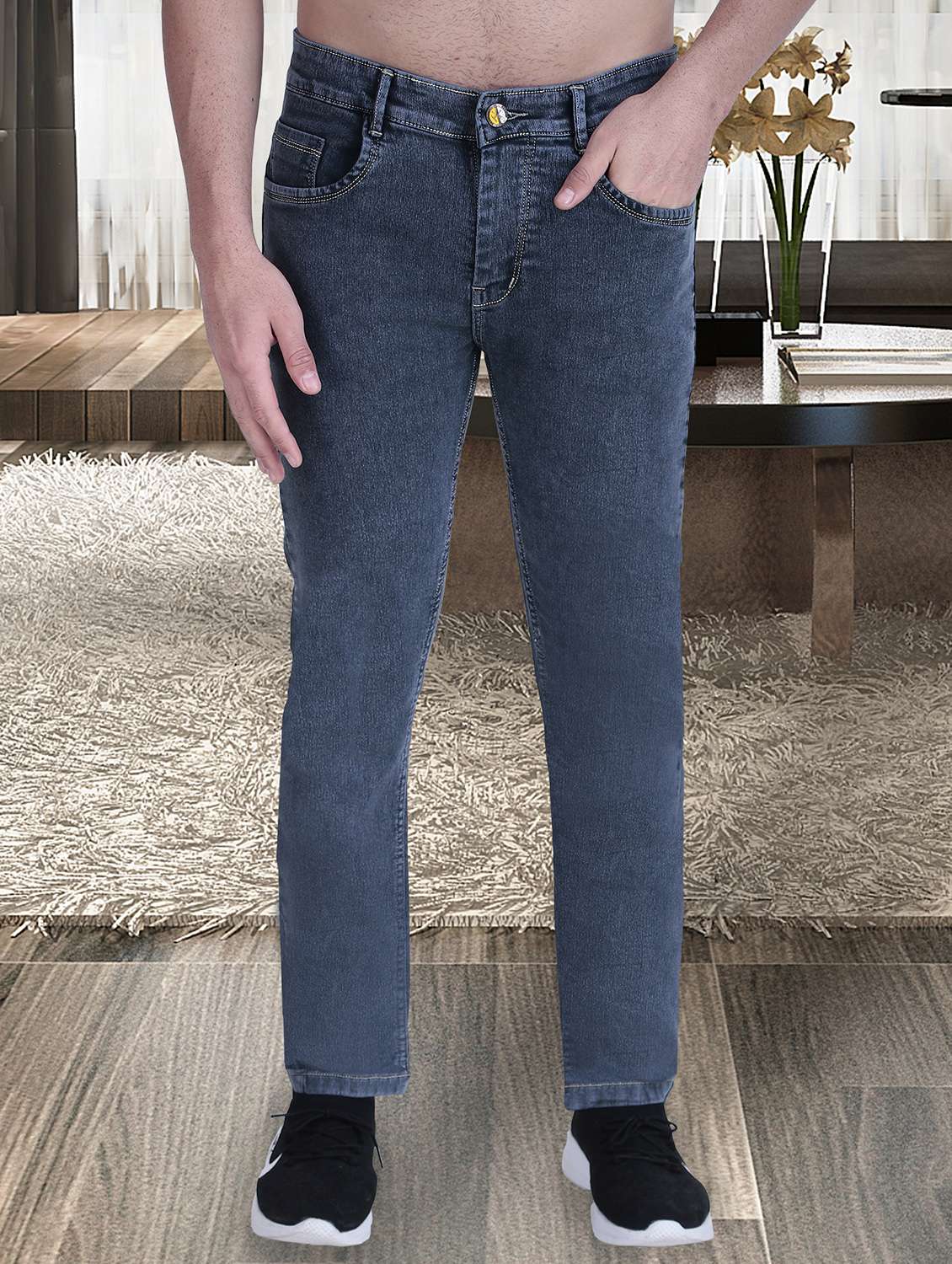 men grey mid rise full length slim fit jeans