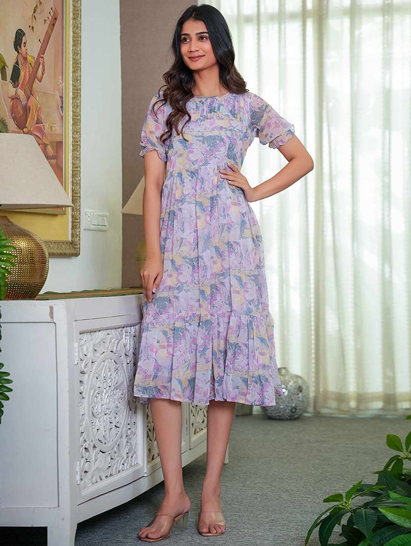women lavender printed tiered dress