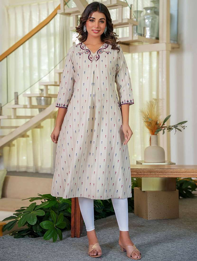 women self designed three quarter sleeve a-line kurta