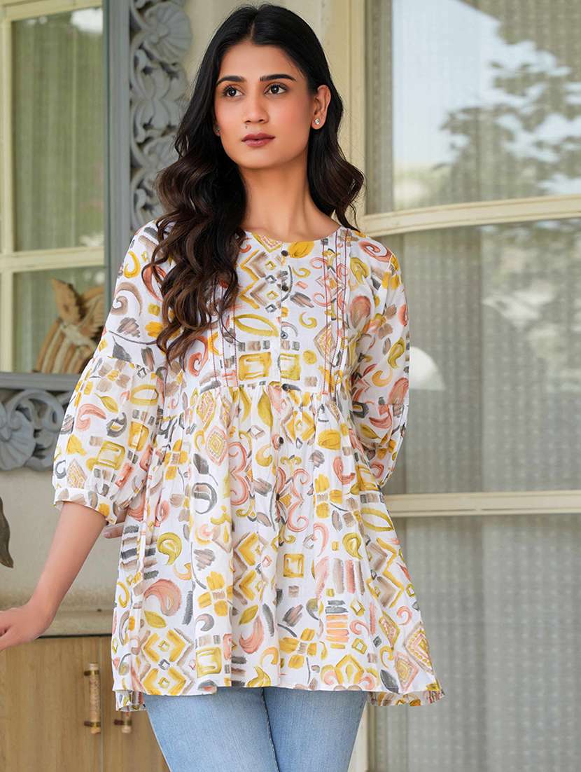 women printed puff sleeve flared kurti