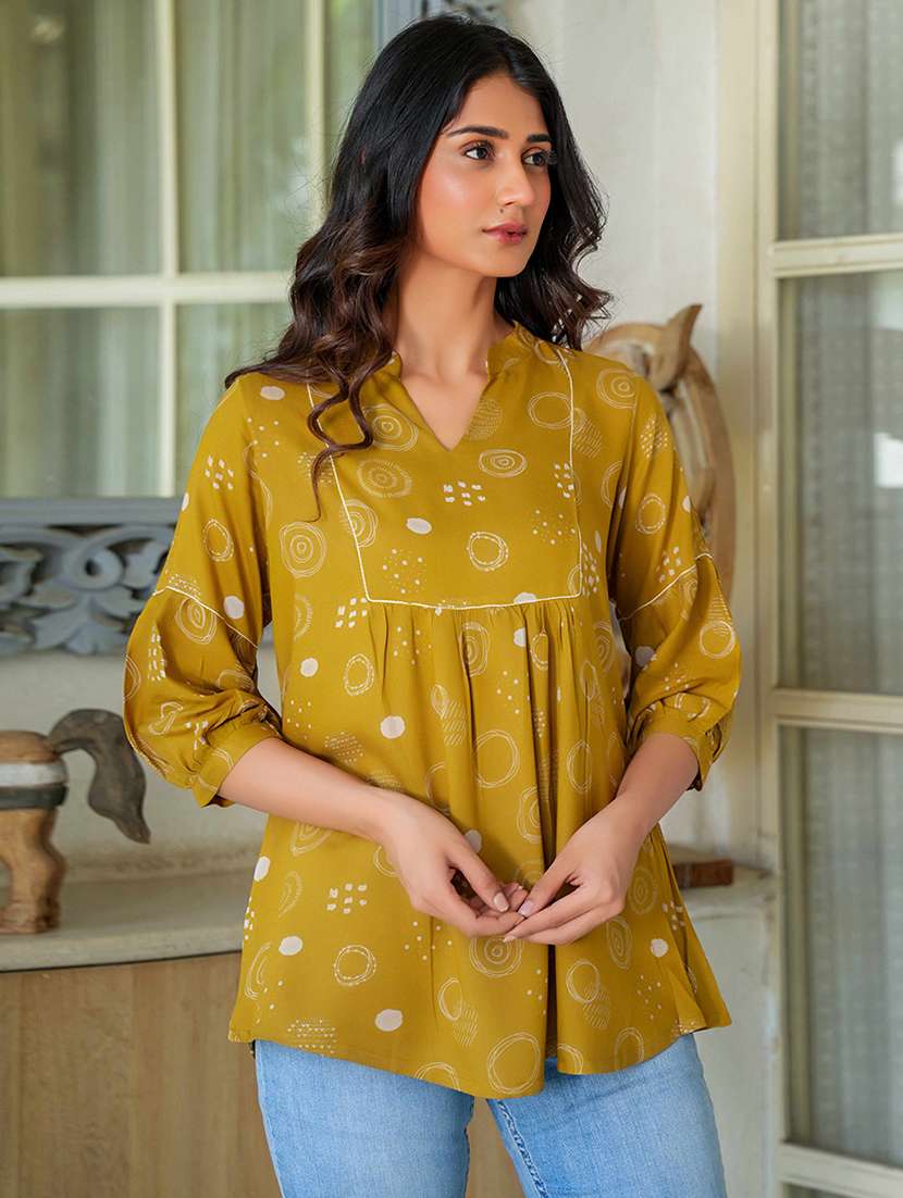 women printed three quarter sleeve a-line kurti