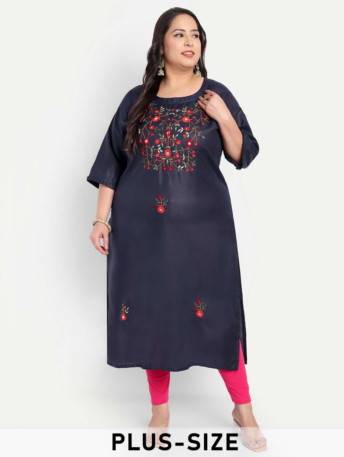 women plus size embroidered straight kurta