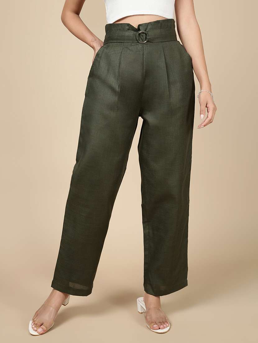 women solid high rise straight trouser