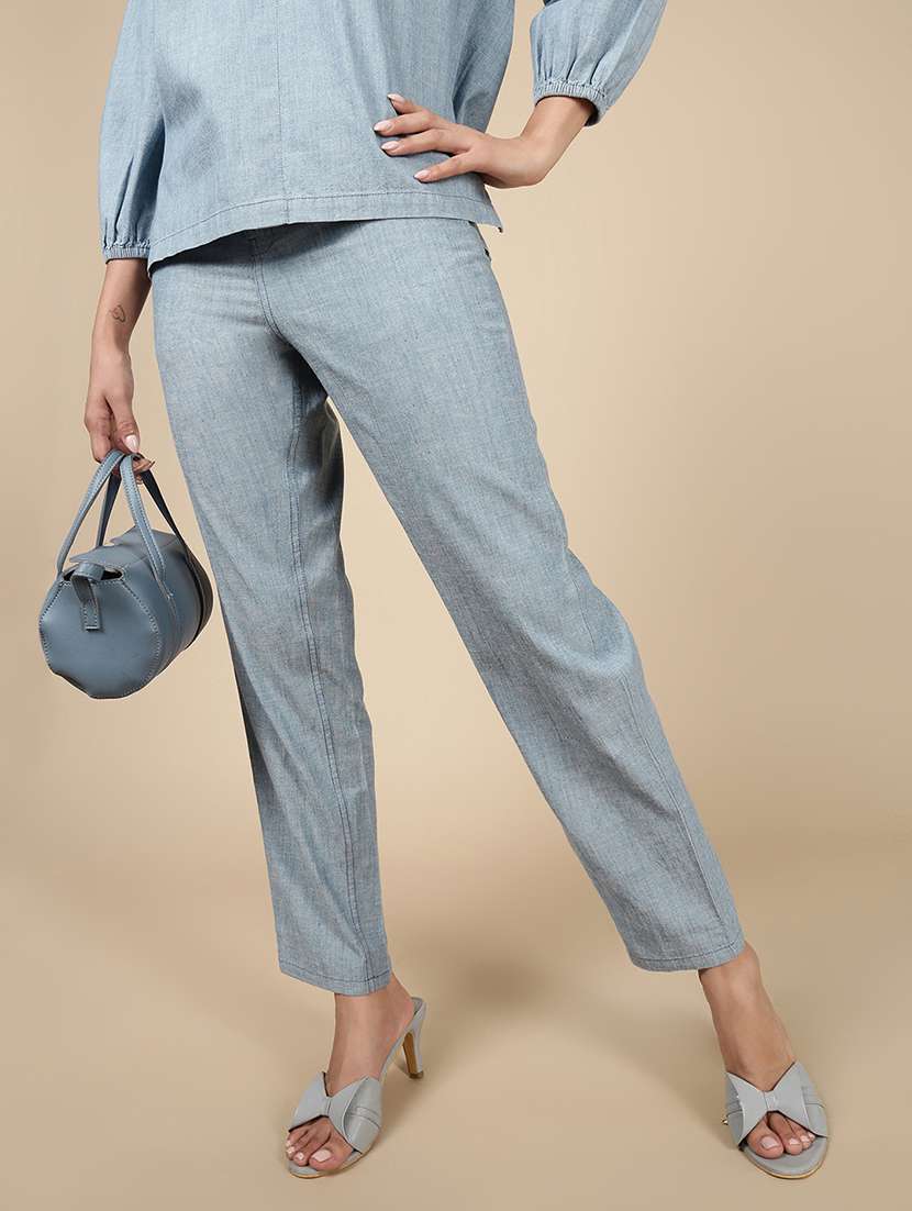 women blue solid mid rise straight trouser