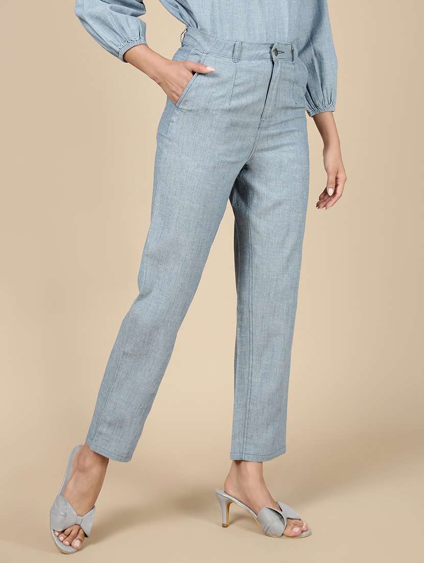women blue solid mid rise straight trouser - 21993799 -  Standard Image - 3