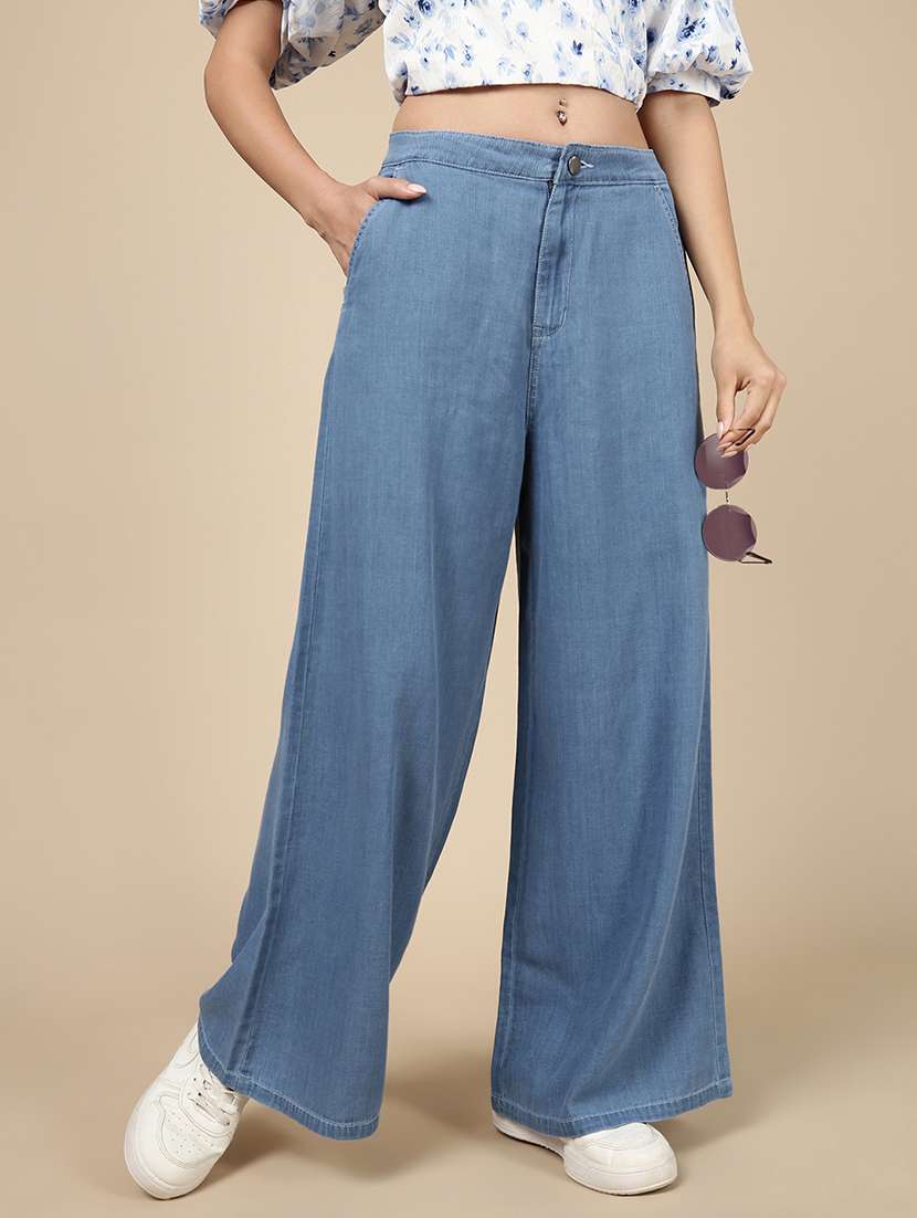 women solid mid rise wide leg trouser