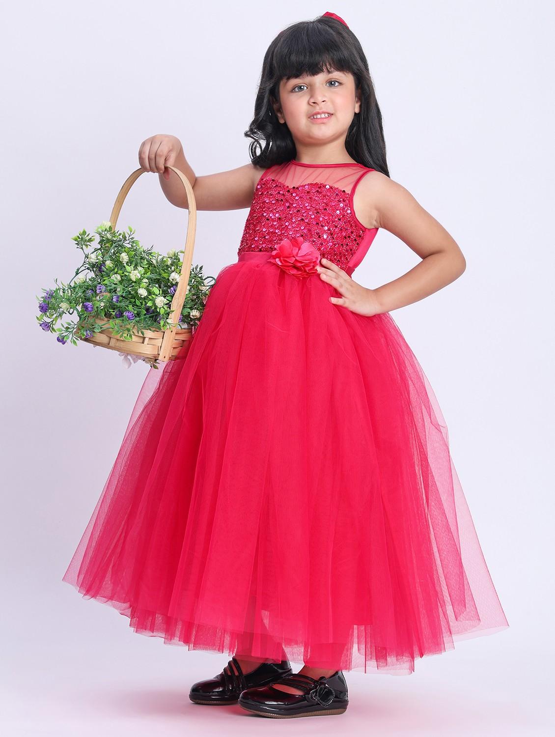 girls pink sequined sleeveless flared party gown