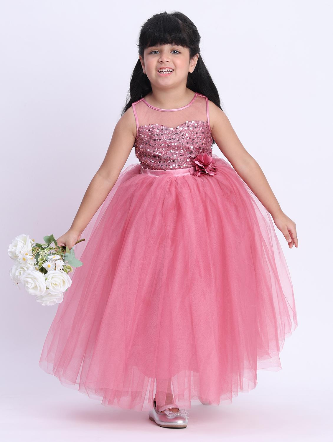 girls pink sequined sleeveless flared party gown - 21993833 - Zoom Image - 0