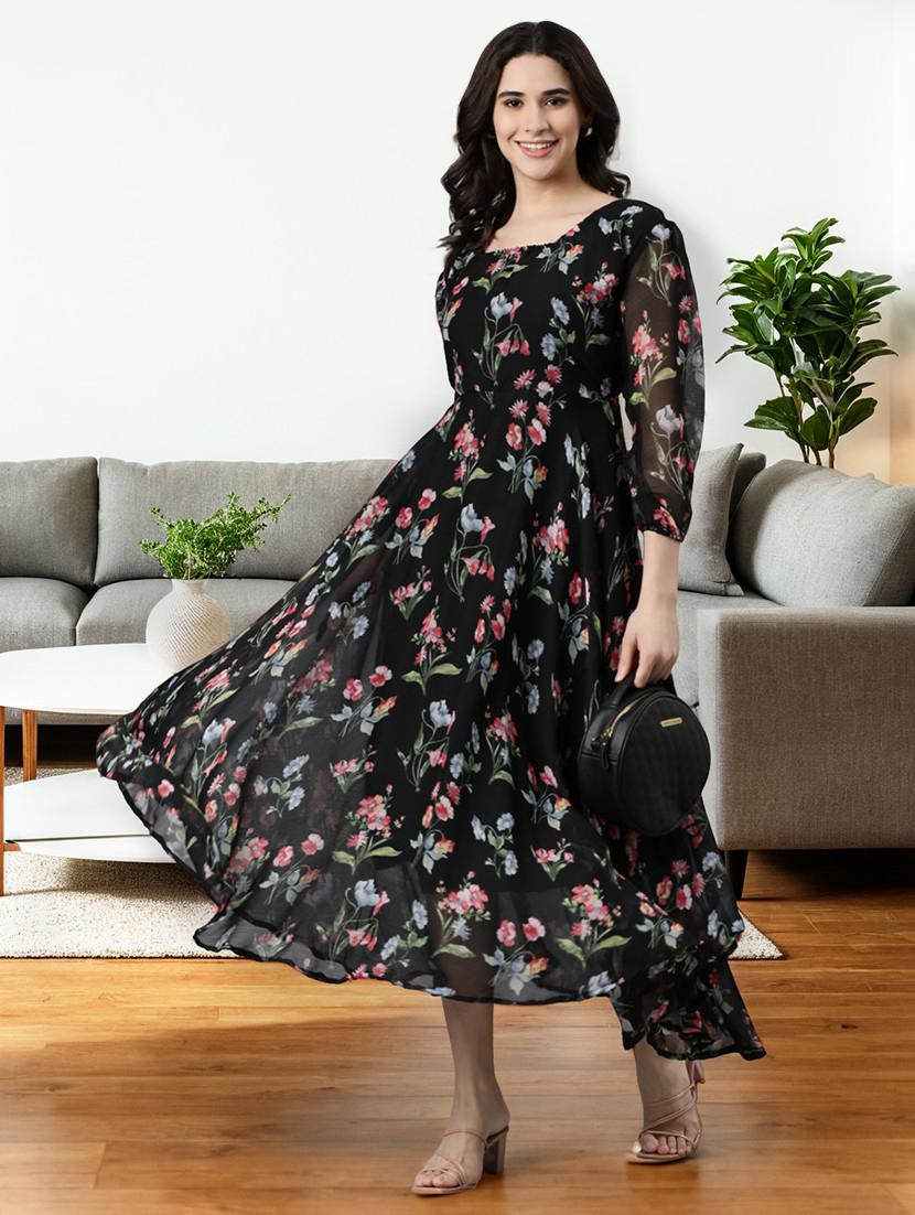 women black floral print fit & flare dress - 21993875 - Standard Image - 3