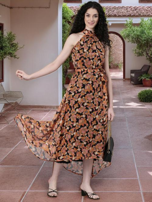 women black floral print halter neck high low dress - 21993876 -  Standard Image - 0