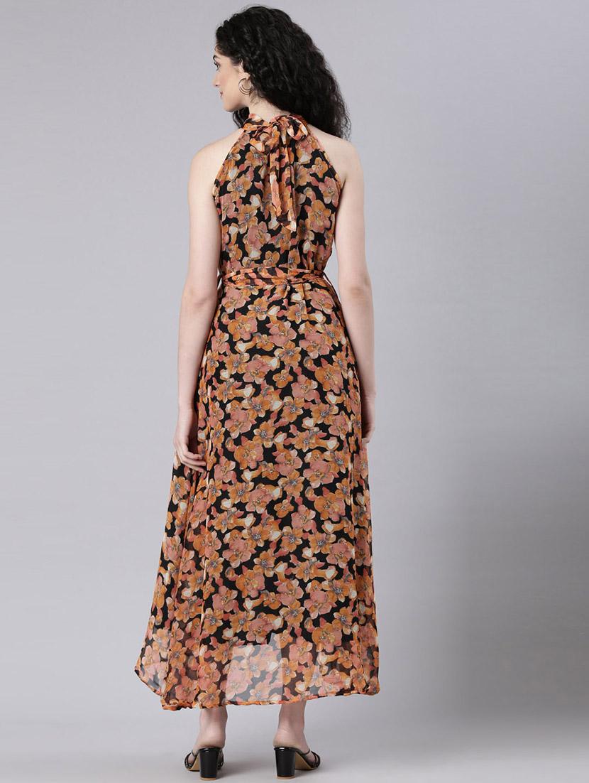women black floral print halter neck high low dress - 21993876 - Standard Image - 3