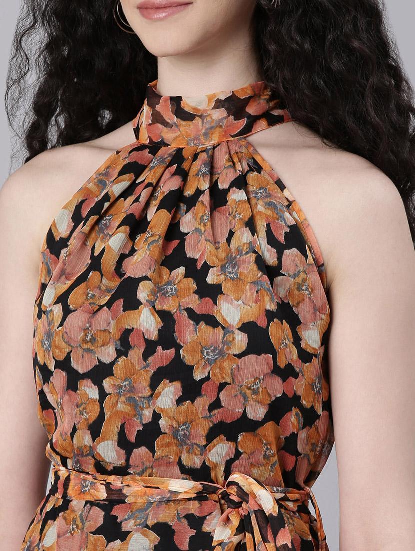 women black floral print halter neck high low dress - 21993876 - Standard Image - 5