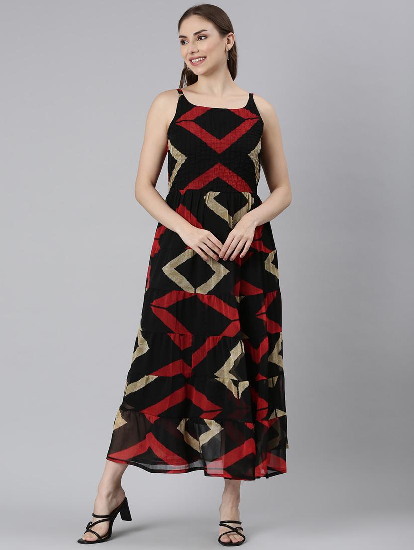 women geometric print shoulder strap tiered dress - 21993905 -  Zoom Image - 0
