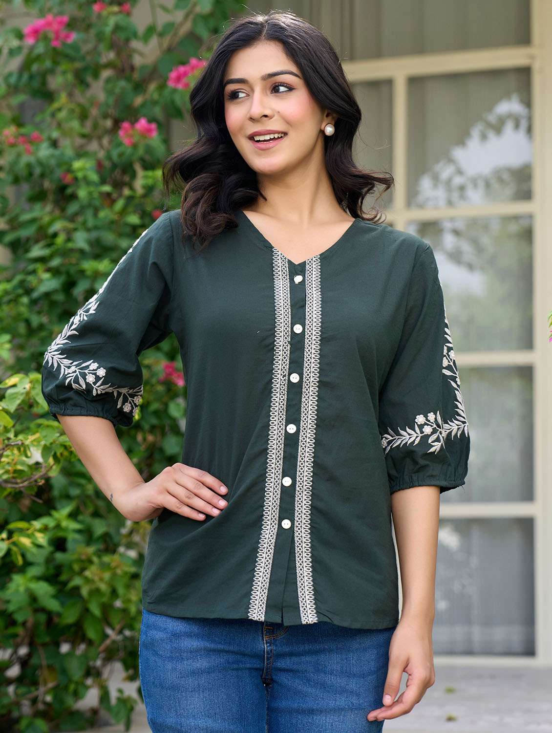women solid with work puff sleeve ethnic top - 21994518 -  Zoom Image - 0