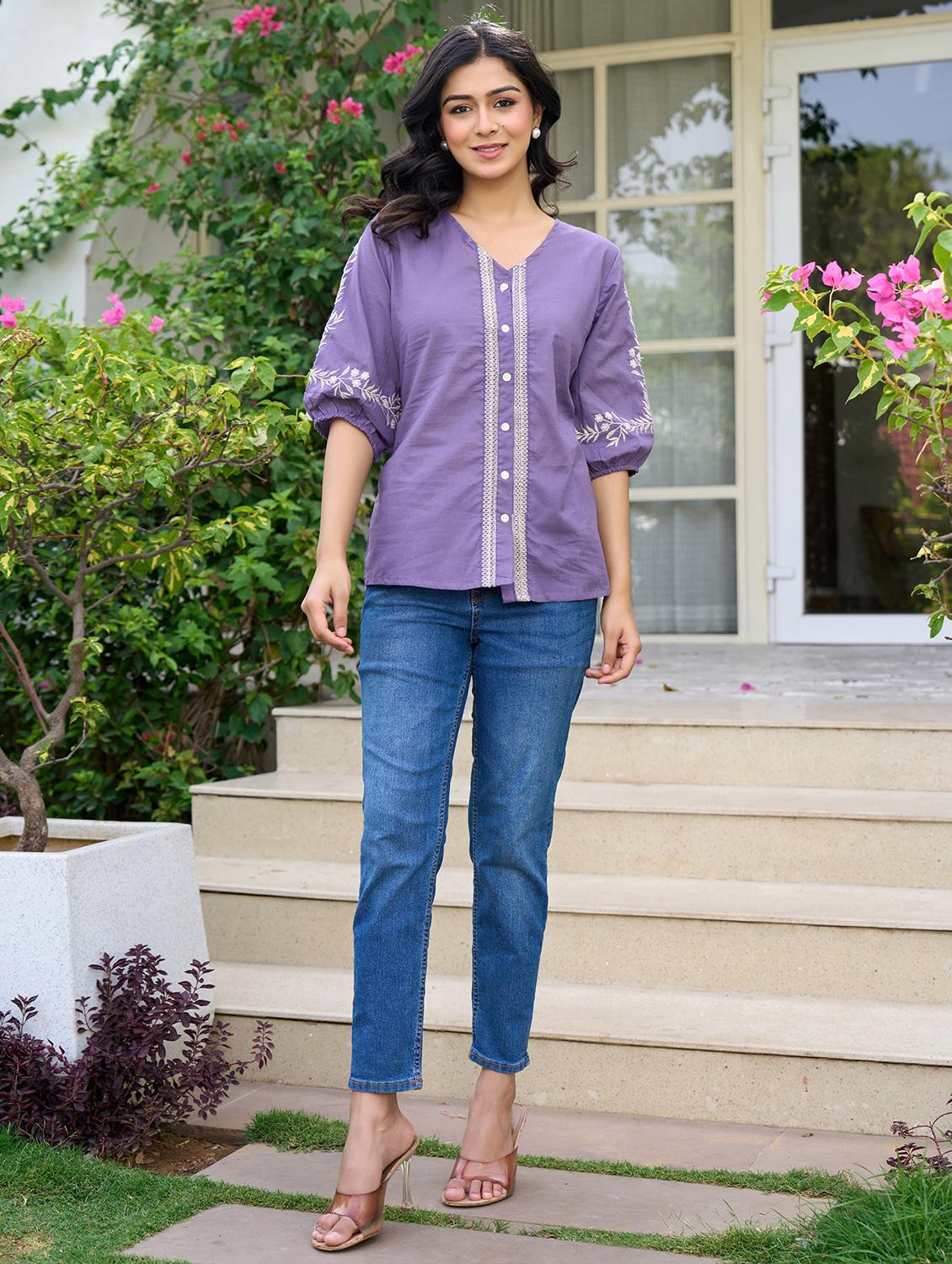 women solid with work puff sleeve ethnic top - 21994519 - Standard Image - 3