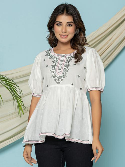 women solid with work puff sleeve ethnic top - 21994524 -  Standard Image - 0