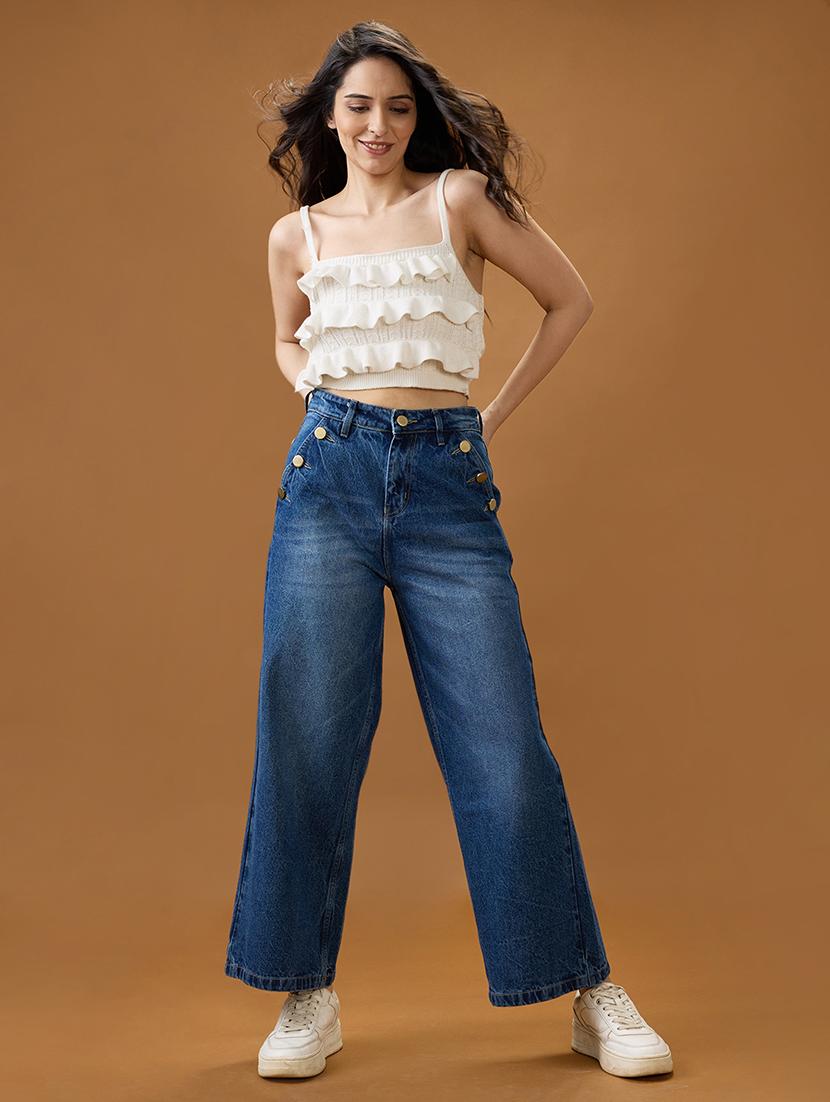globus women mid blue cotton whiskers effect mid-rise wide leg denim jeans - 21994527 - Standard Image - 3