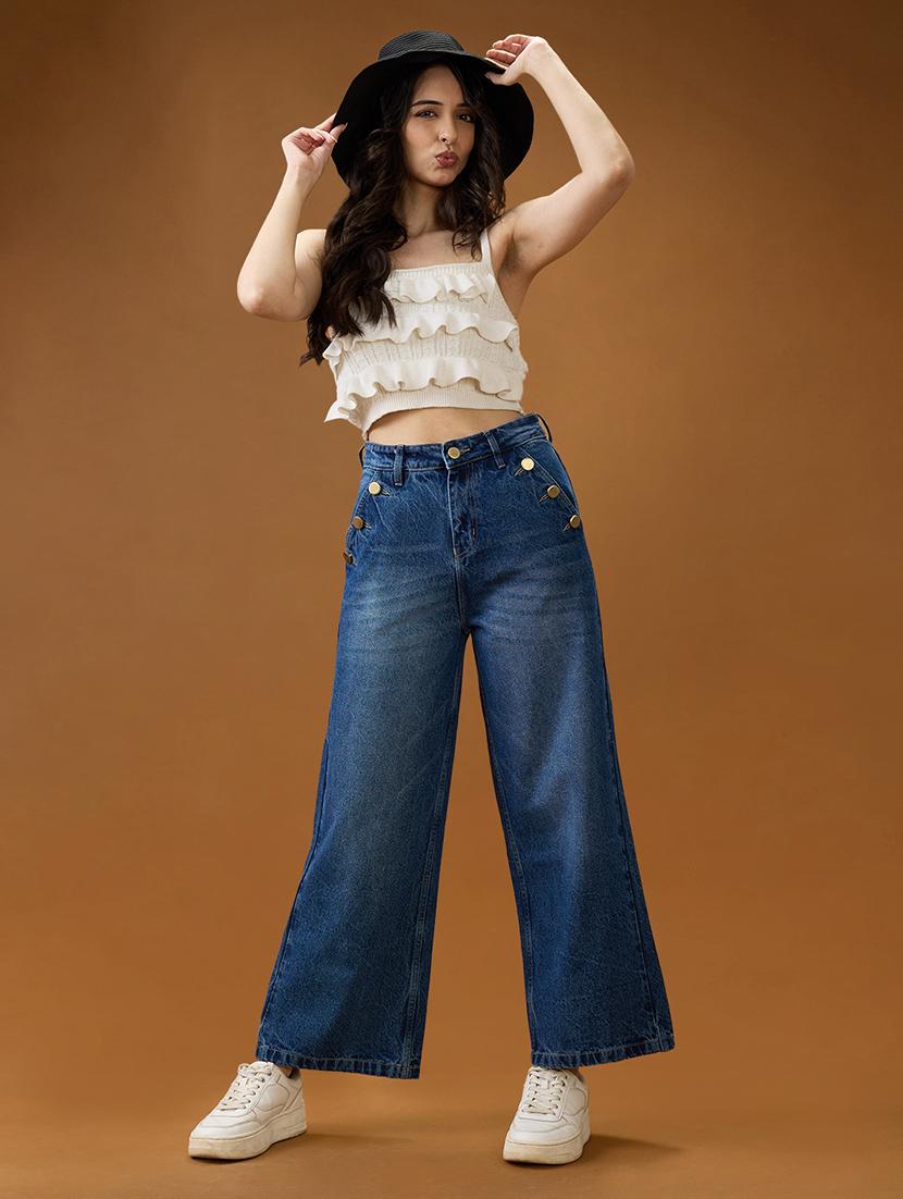 globus women mid blue cotton whiskers effect mid-rise wide leg denim jeans - 21994527 - Standard Image - 5