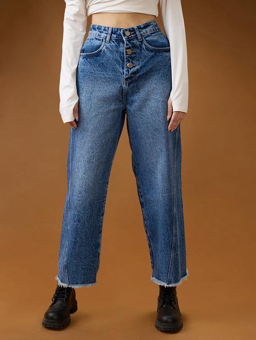 globus women mid blue cotton high-rise light fade frayed hem wide leg denim jeans - 21994528 -  Standard Image - 0