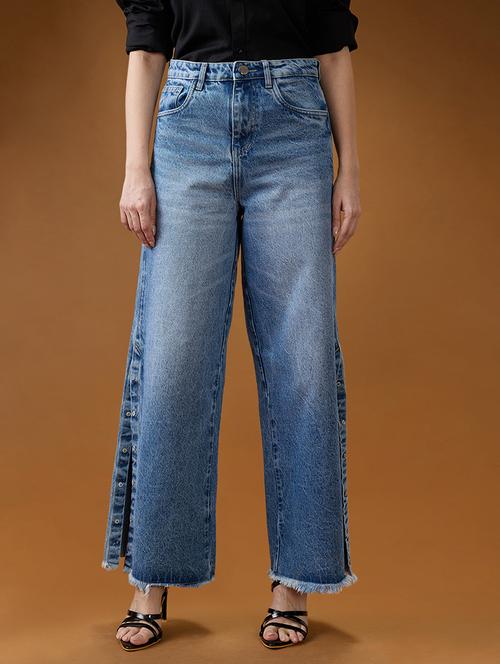 globus women mid blue cotton high-rise light fade frayed hem wide leg denim jeans - 21994529 -  Standard Image - 0