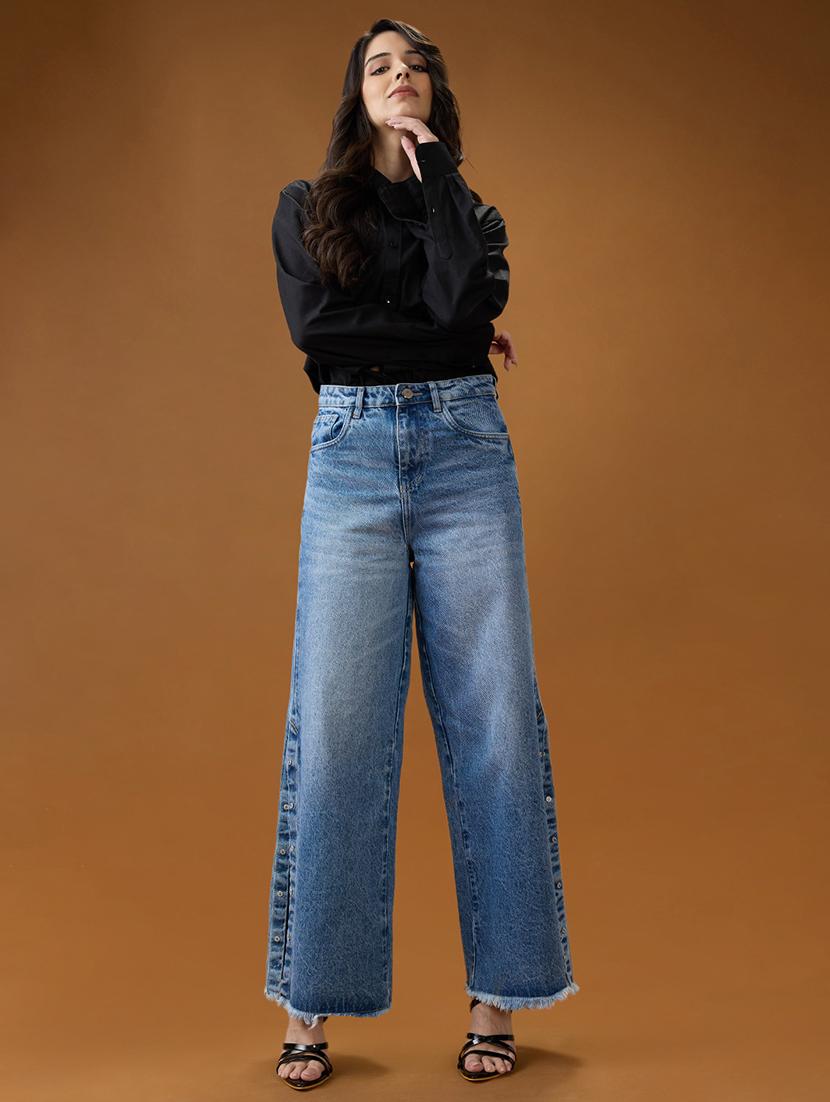 globus women mid blue cotton high-rise light fade frayed hem wide leg denim jeans - 21994529 - Standard Image - 5