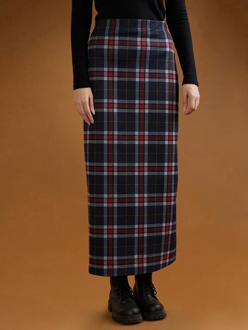 globus women red checked mid-rise side slit straight maxi skirt - 21994532 - Standard Image - 0
