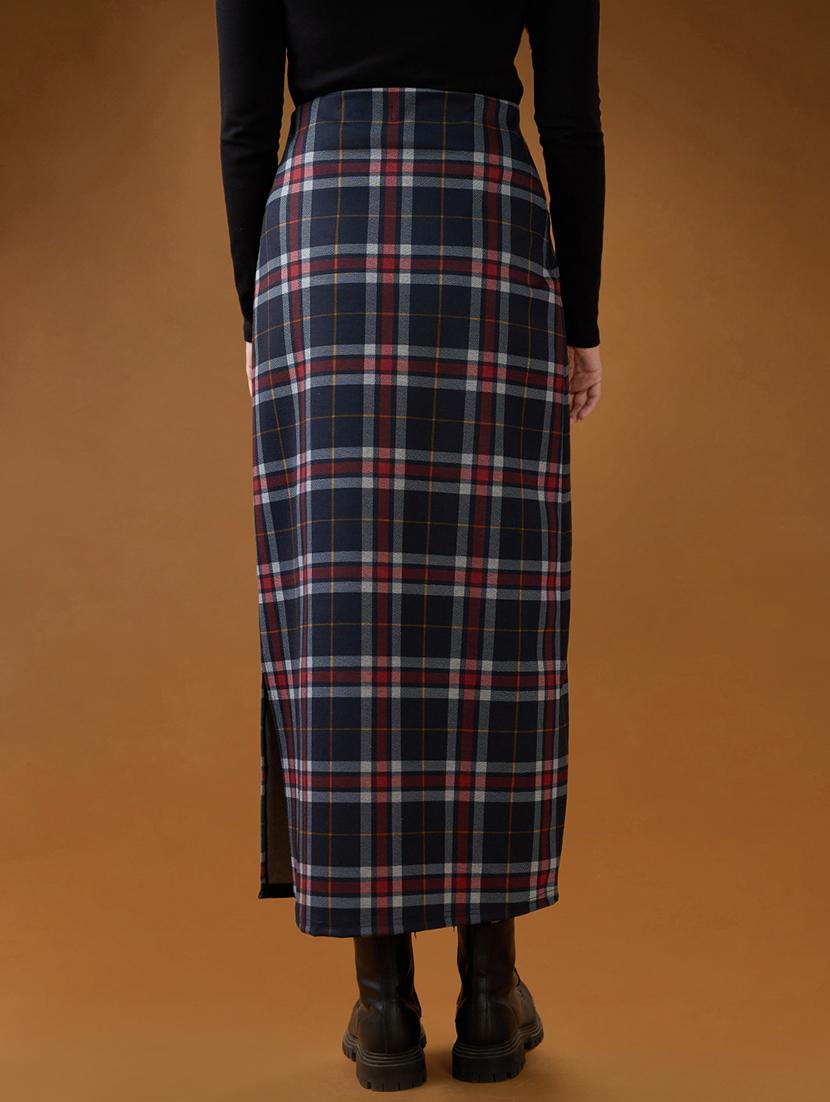 globus women red checked mid-rise side slit straight maxi skirt - 21994532 - Standard Image - 3