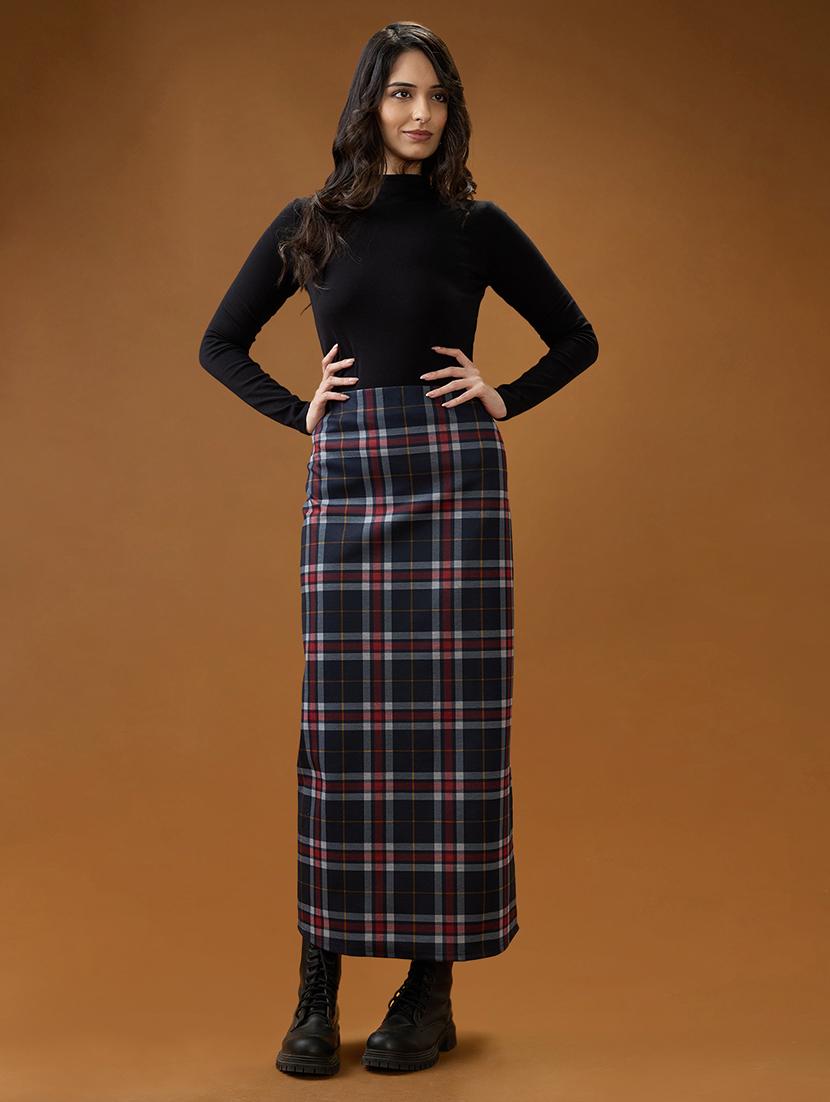 globus women red checked mid-rise side slit straight maxi skirt - 21994532 - Standard Image - 5