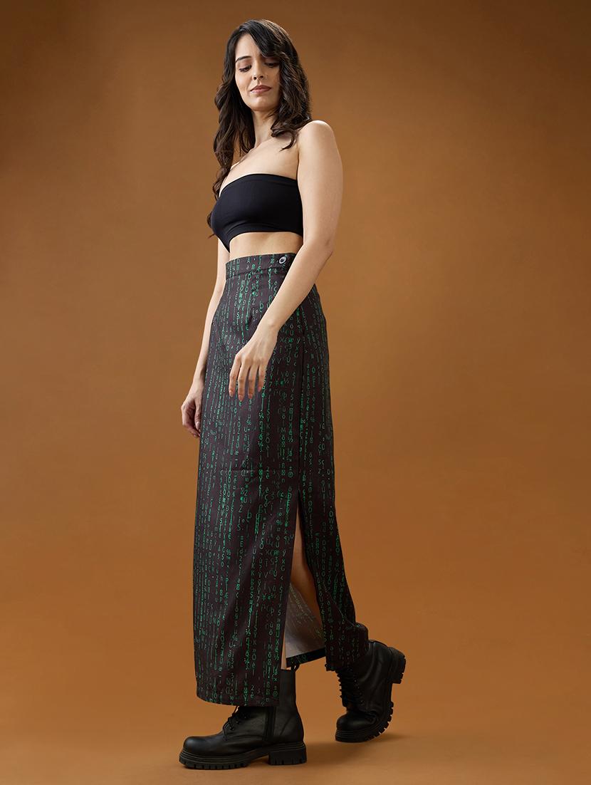 globus women black & green digital print mid-rise side slit straight mdi skirt - 21994538 - Standard Image - 5