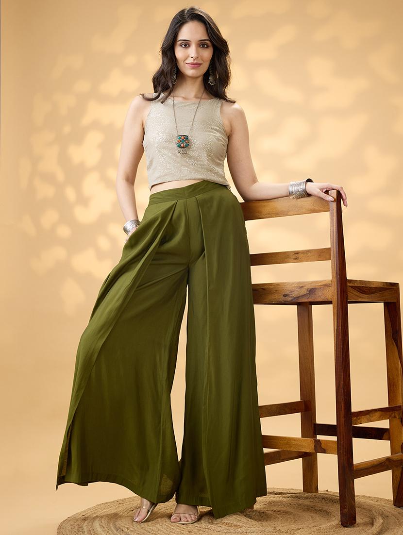 women olive solid high rise flared palazzo - 21994539 - Standard Image - 3