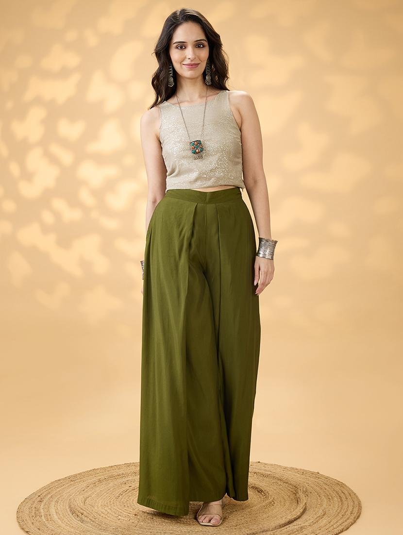 women olive solid high rise flared palazzo - 21994539 - Standard Image - 5