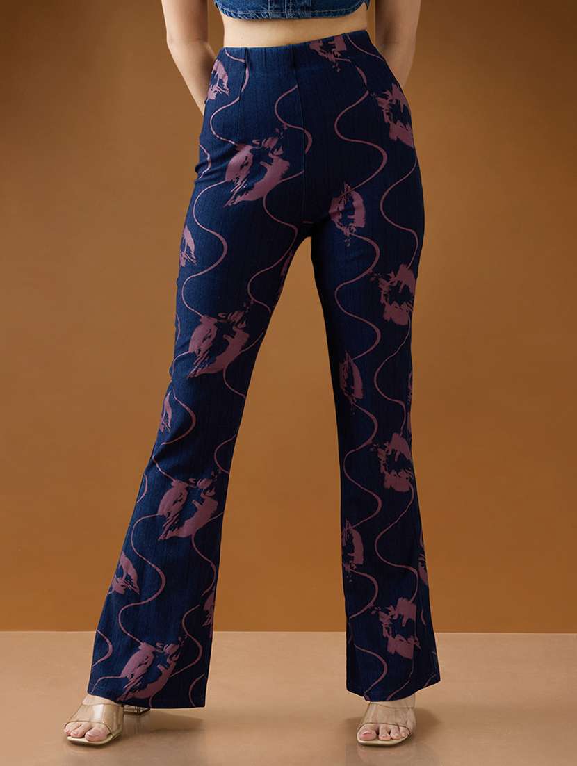 globus women dark blue abstract print mid rise stretchable bootcut denim trousers