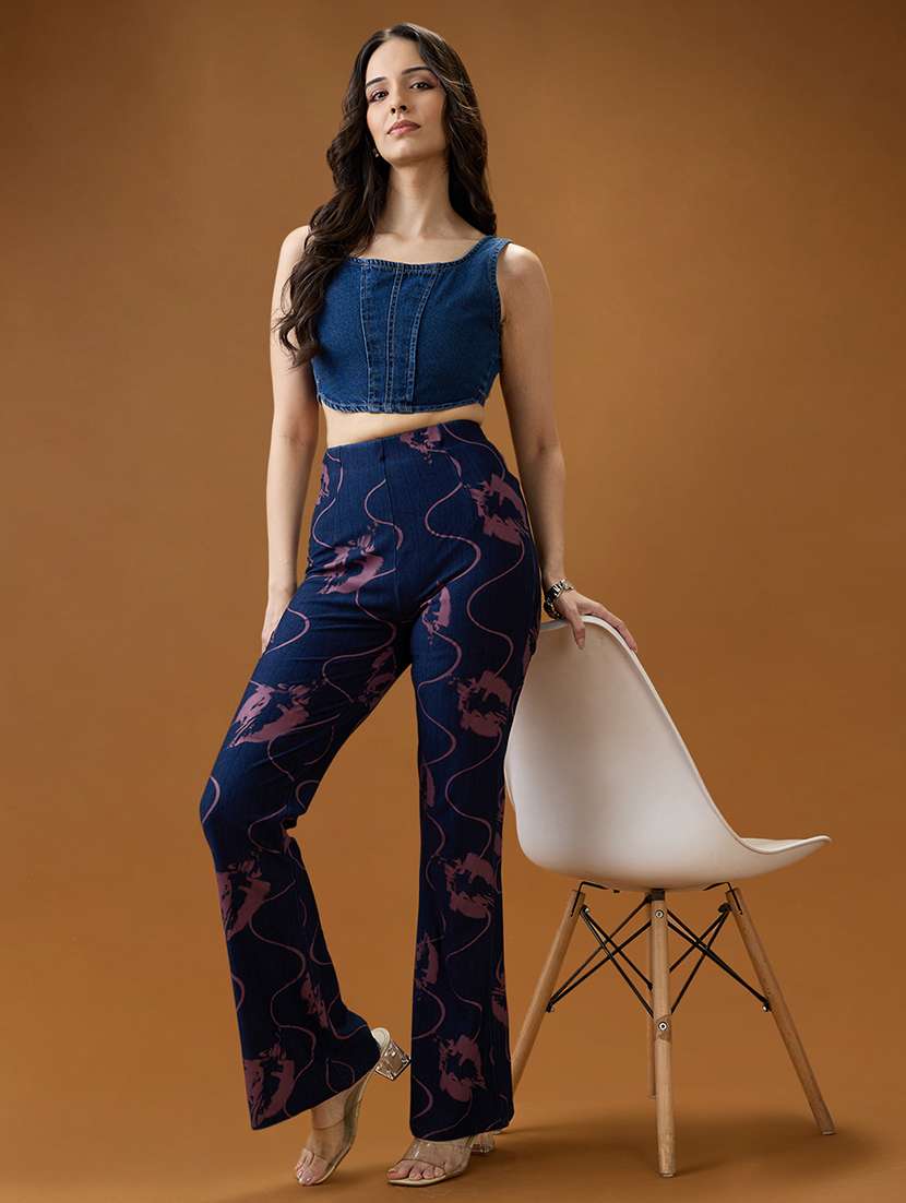 globus women dark blue abstract print mid rise stretchable bootcut denim trousers - 21994540 -  Standard Image - 3