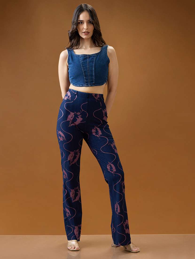 globus women dark blue abstract print mid rise stretchable bootcut denim trousers - 21994540 -  Standard Image - 5