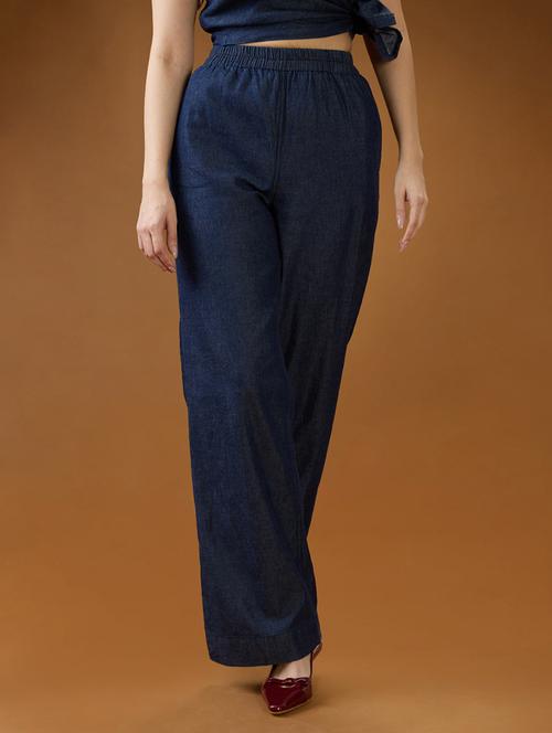 women solid globus women dark blue mid rise pleated relaxed fit wide leg denim trousers rise denim straight trouser - 21994541 -  Standard Image - 0