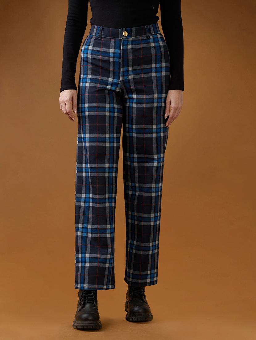 women globus women blue checks mid rise straight fit formal trousers mid rise straight trouser - 21994544 - Zoom Image - 0