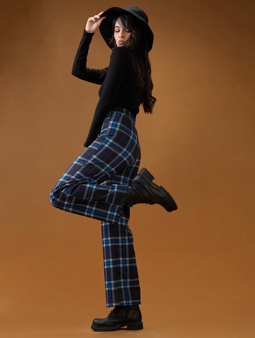 women globus women blue checks mid rise straight fit formal trousers mid rise straight trouser - 21994544 - Standard Image - 3