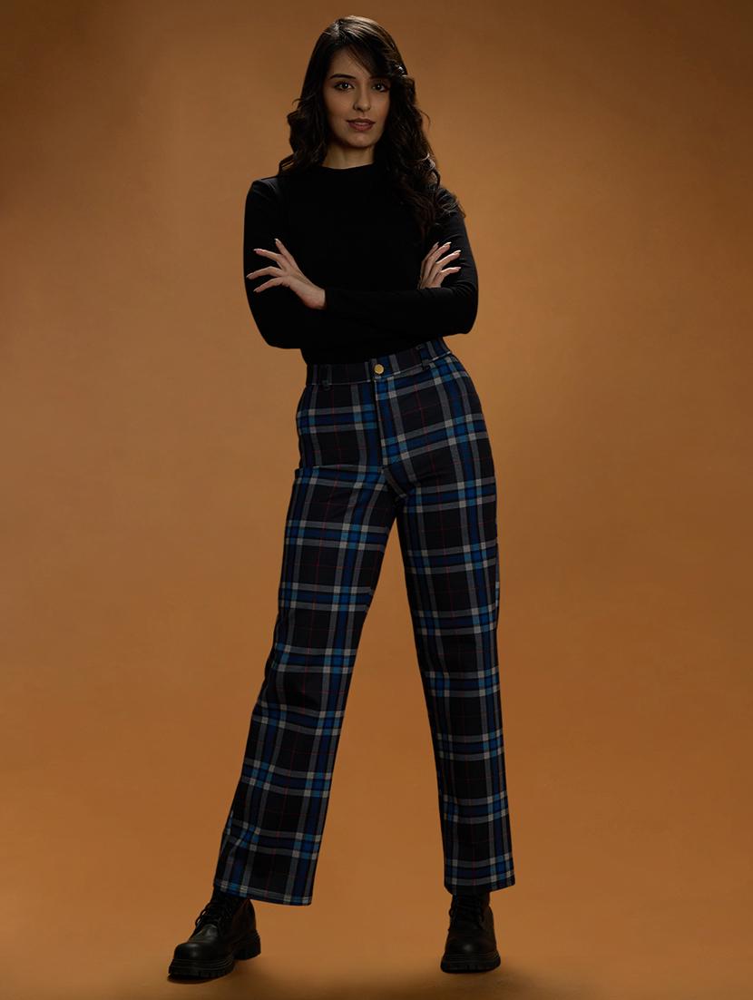 women globus women blue checks mid rise straight fit formal trousers mid rise straight trouser - 21994544 - Standard Image - 5